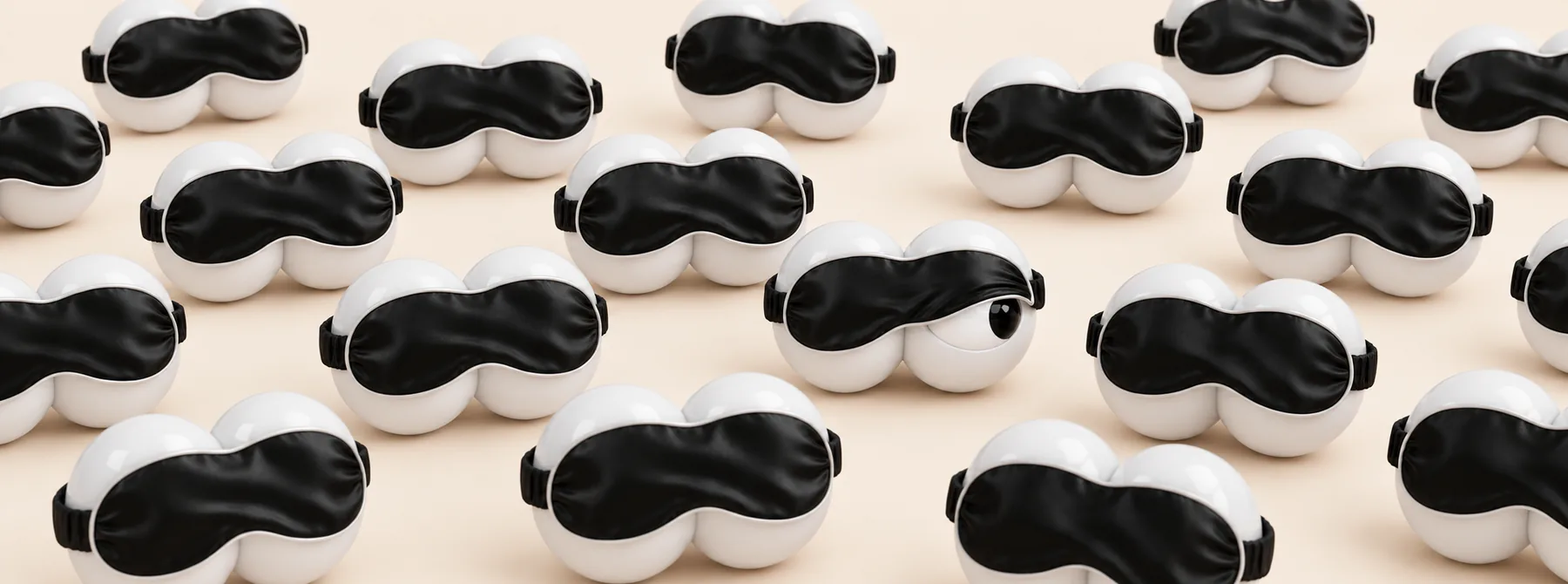 A field of eyeball pairs in black sleep masks. Exactly one has lifted a corner to look.