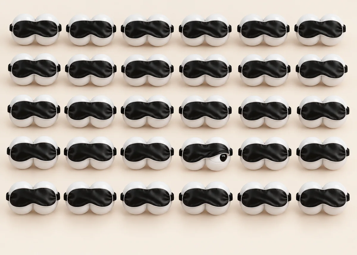 Thirty identical eyeball pairs in black sleep masks, lined up in rows. One of them is peeking.